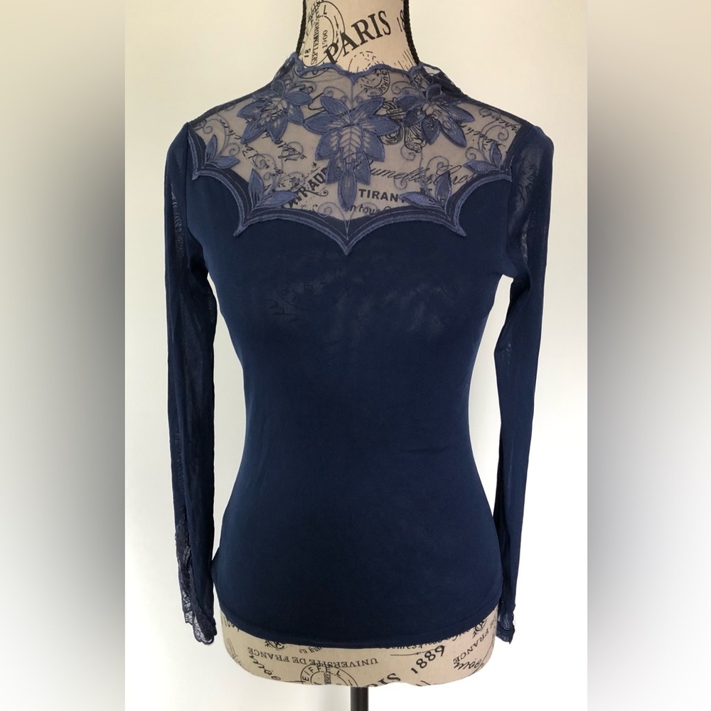 Semi Sheer Top w/Embroidered Detail medium long sleeves